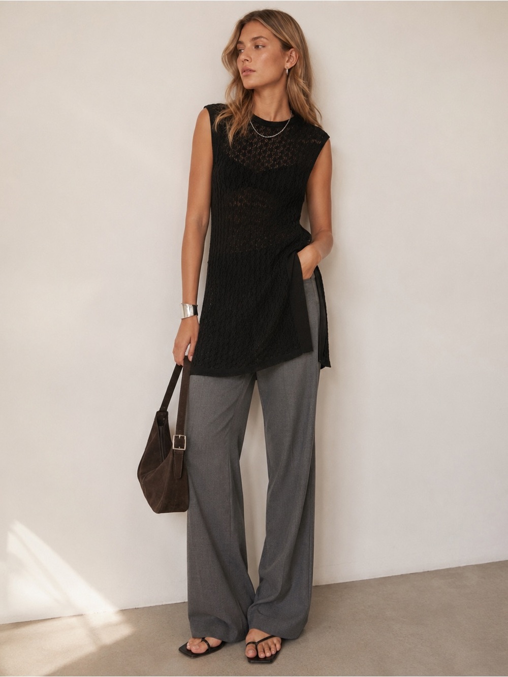 Wilfred Aritzia Black Open Knit Sleeveless Long Tunic Top Size S